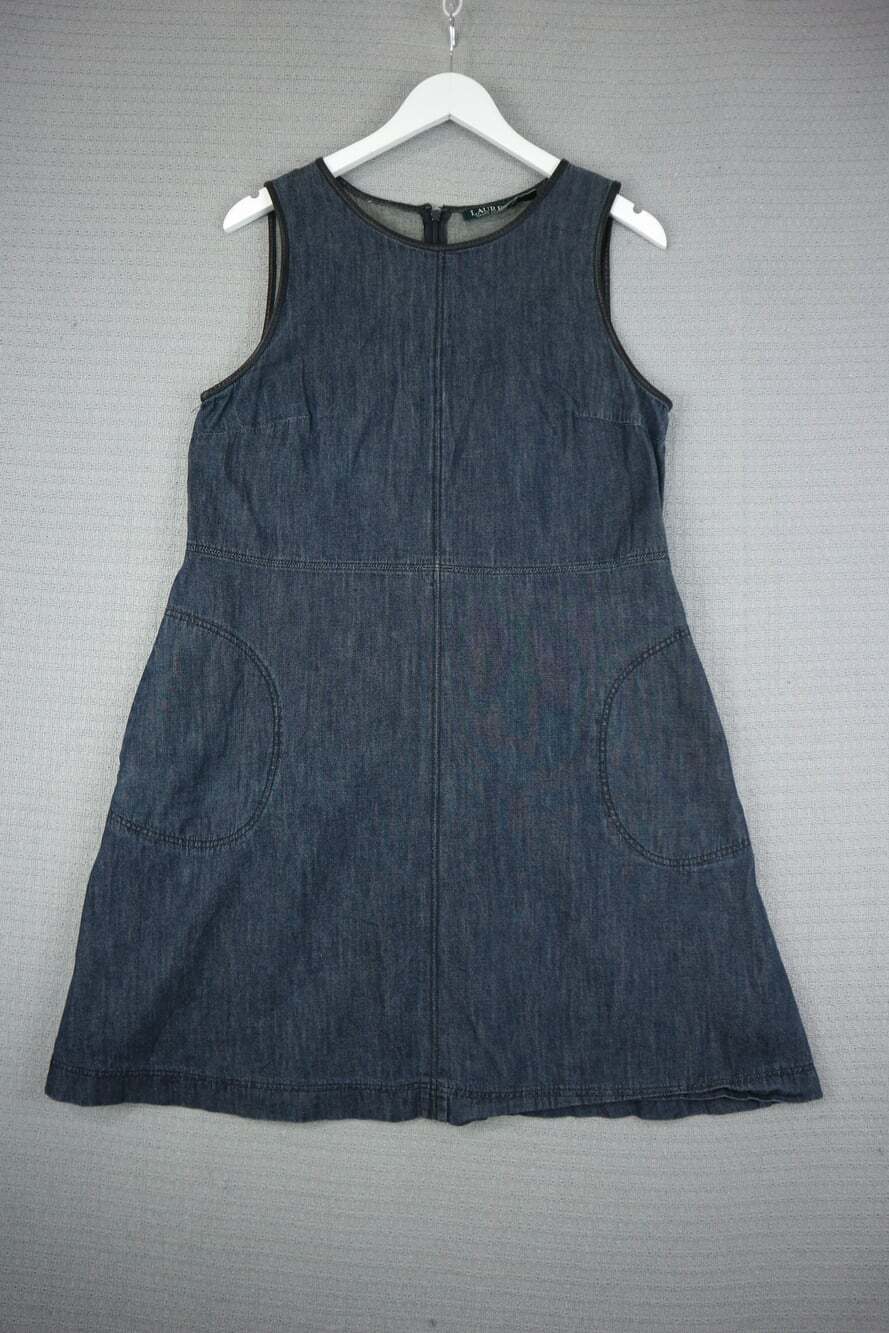Lauren Ralph Lauren Denim A-Line Shift Dress Faux Leather Trim Pockets 12